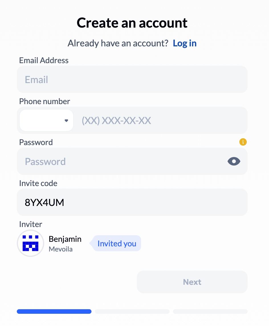 Aurum sign-up form showing invite code 8YX4UM and Benjamin / AlphaTeam as inviter